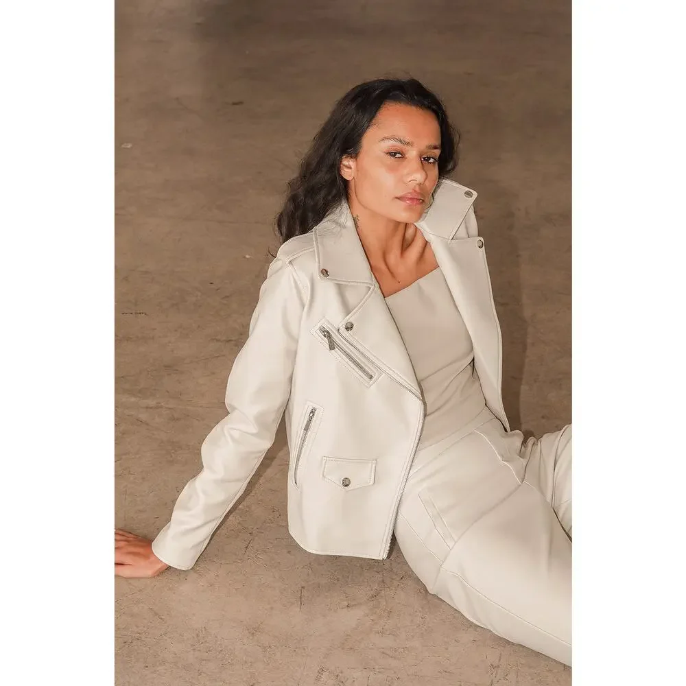 Lulus Out for the Night Beige Vegan Leather Moto Jacket S NWT